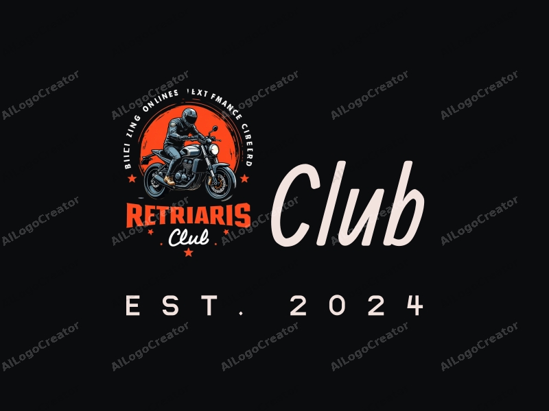 a modern design featuring a stylized motorcycle and racing elements, combined with club and social interaction motifs, set against a clean black background.