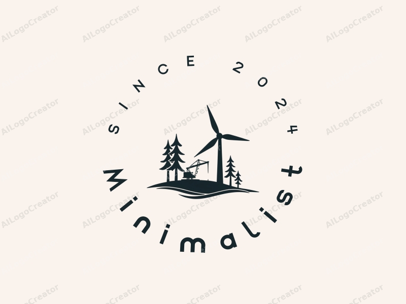 minimalist design features stylized trees, a crane silhouette, and a wind turbine, combined with a clean background and linear design approach.