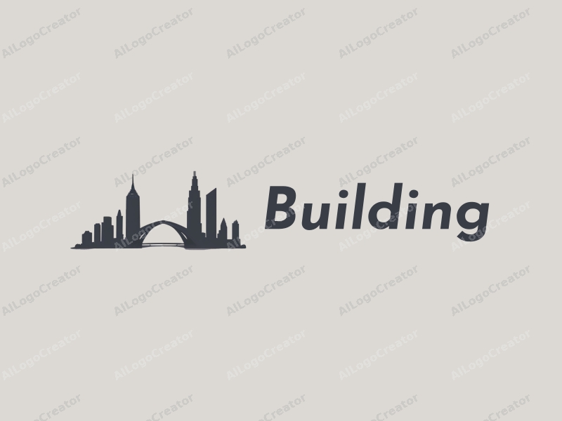 minimalist design features sleek buildings and towers, a stylized bridge silhouette, and a modern design approach combined with a clean gray background.