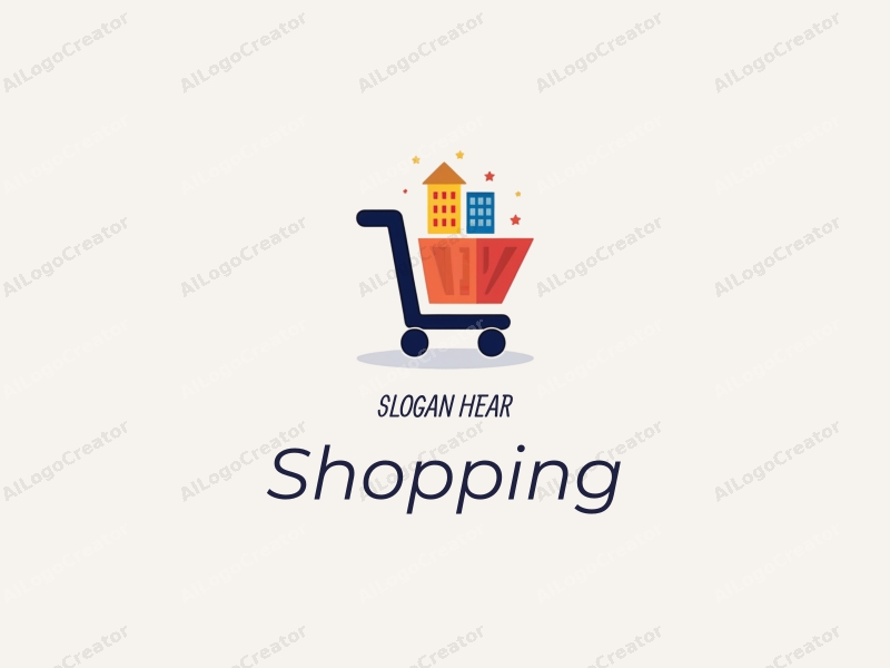 a modern design featuring a colorful shopping cart and stylized mall architecture, combined with a clean background and a harmonious composition.