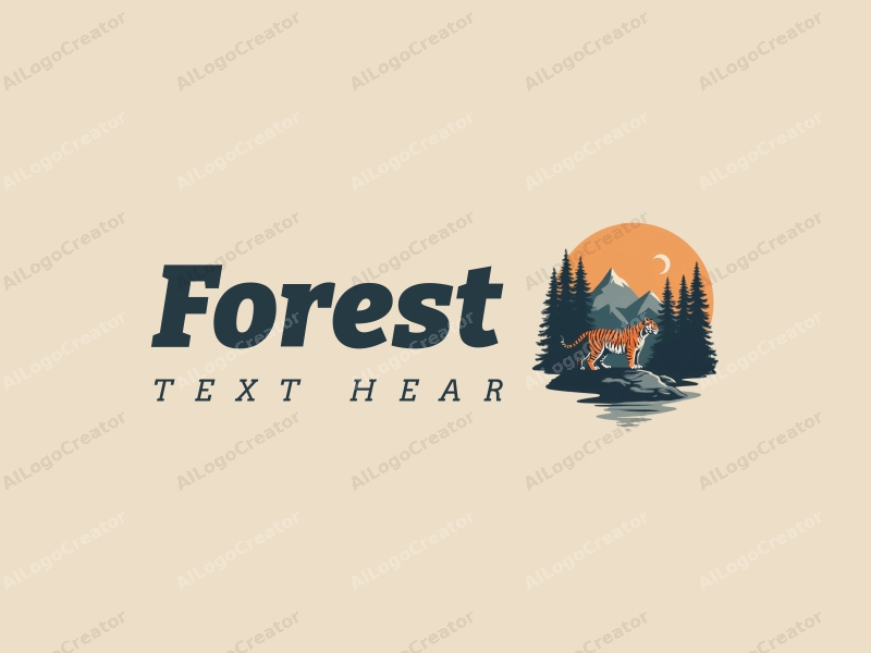 vintage design features stylized trees and mountains, a tiger silhouette integrated into the landscape, combined with a clean background.