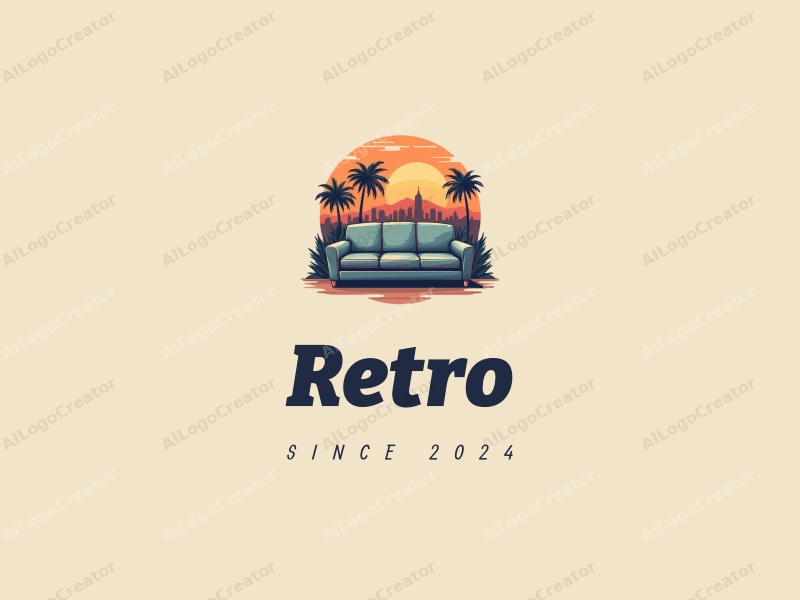 vintage design features a retro sofa and a retro poster, combined with a city skyline and palm trees, set against a clean background.