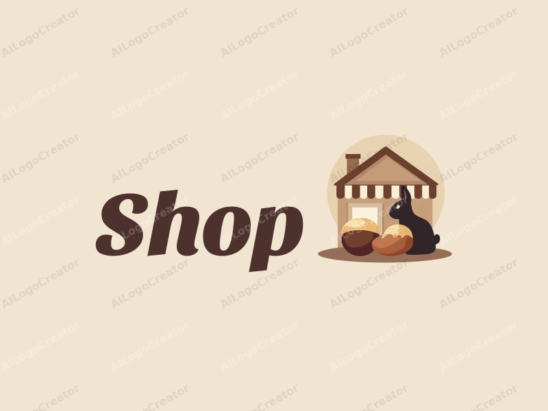 modern design features a stylized shop silhouette, a playful rabbit, and a chestnut, combined with a clean background and a harmonious composition.