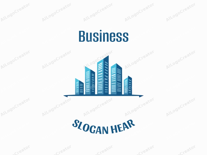 a modern design featuring a stylized skyline with office buildings, incorporating business elements, in a clean blue color scheme, emphasizing simplicity and harmony.