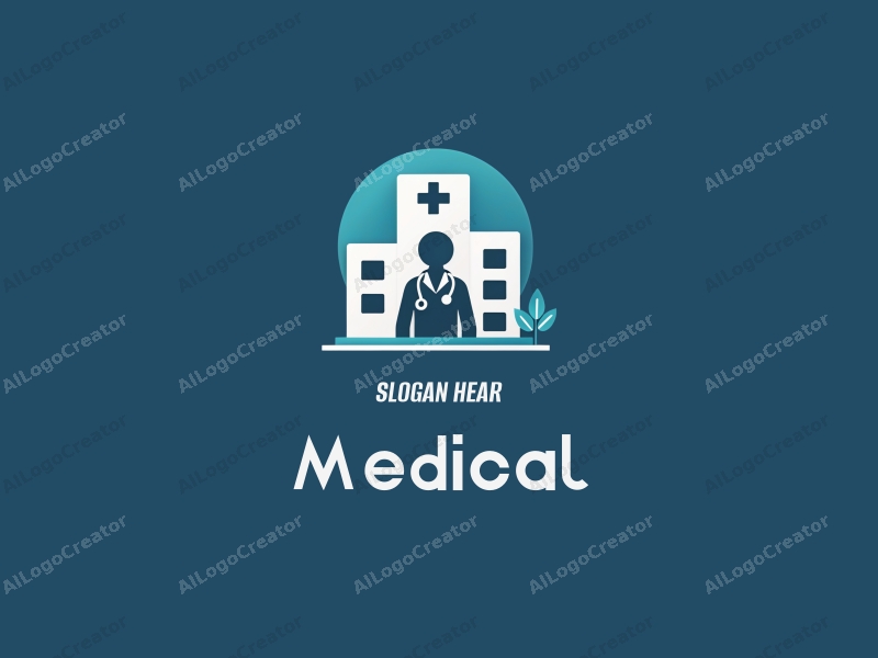 modern design features a stylized hospital and doctor silhouette, integrated with a healthcare symbol and stethoscope, combined with a clean background.