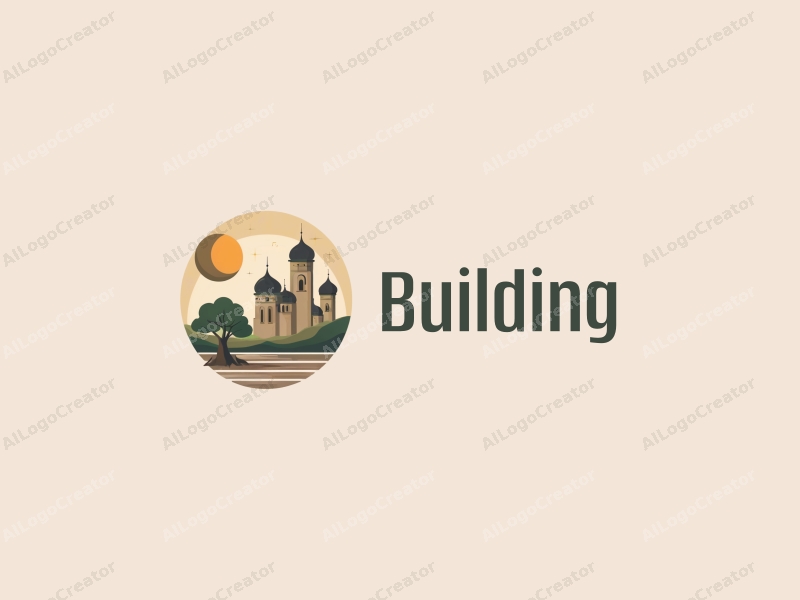 modern design features architectural structures, a stylized tree, and a crescent moon, combined with a clean background and a harmonious layout.