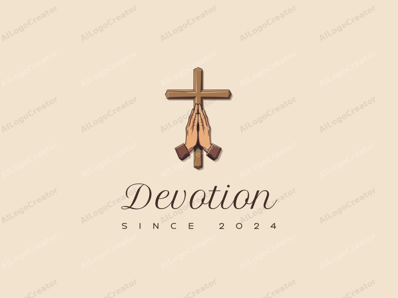 vintage design features a stylized cross and hands in a prayer position, combined with a warm gold color palette and a clean background.