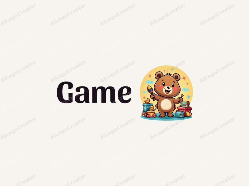 playful design features a cheerful bear playing various musical instruments, surrounded by colorful toys and game elements, combined with a clean and vibrant background.