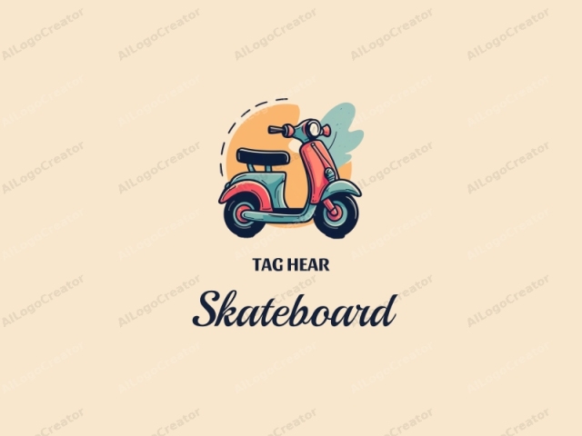 fröhliches Design mit einem lebendigen Skateboard und Scooter, die miteinander verflochten sind, mit dynamischen Formen und fröhlichen Elementen, kombiniert mit einem sauberen Hintergrund.