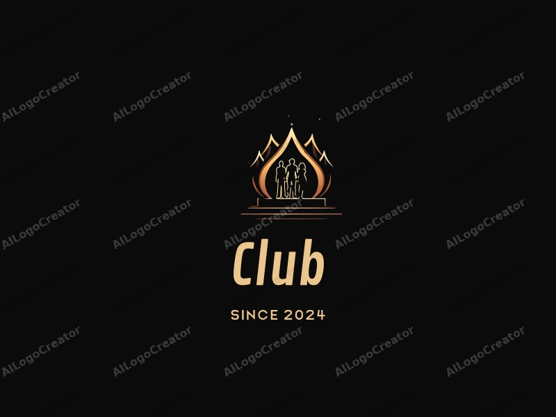 a modern minimalist design featuring a stylized club scene with abstract representations of social interaction, a stage, and partners, combined with a clean black background.