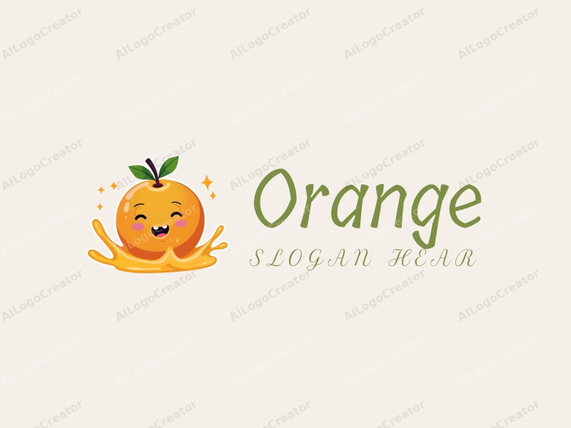 playful design features a stylized orange, a splash of juice, and a smiling face, combined with a clean background.