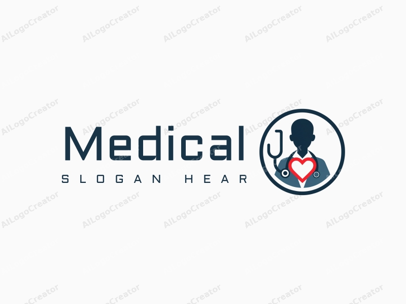 modern design features a stylized hospital silhouette, a doctor figure, a stethoscope intertwined with a heart, combined with a clean background.