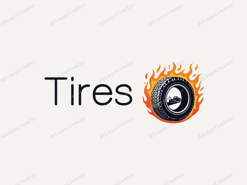 modern design features a stylized tire and car tire intertwined with flames, alongside a simplified tow truck silhouette, combined with a clean background.