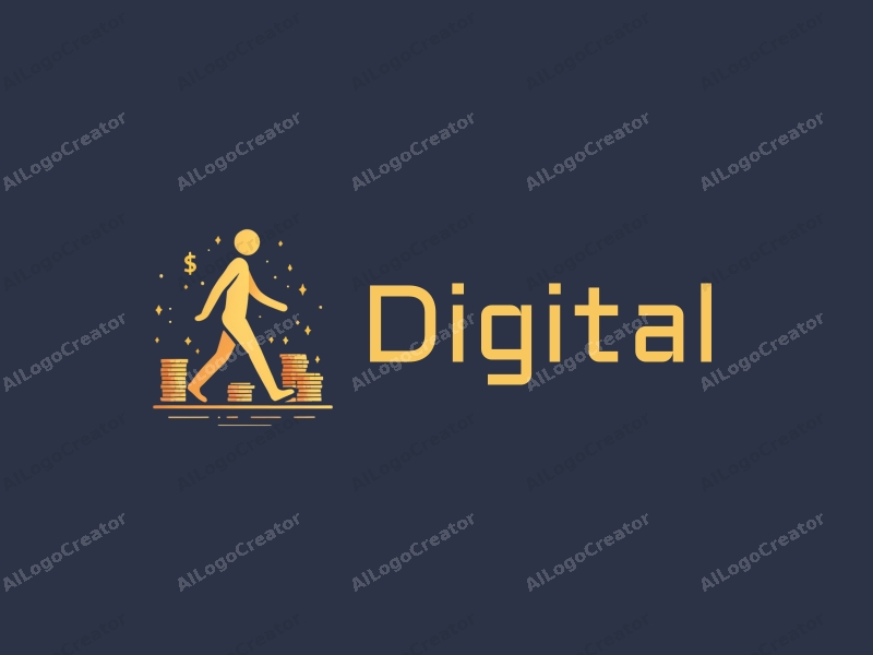 a modern design featuring digital elements, a stylized walking figure, and coins, combined with a luxurious aesthetic and a clean background.