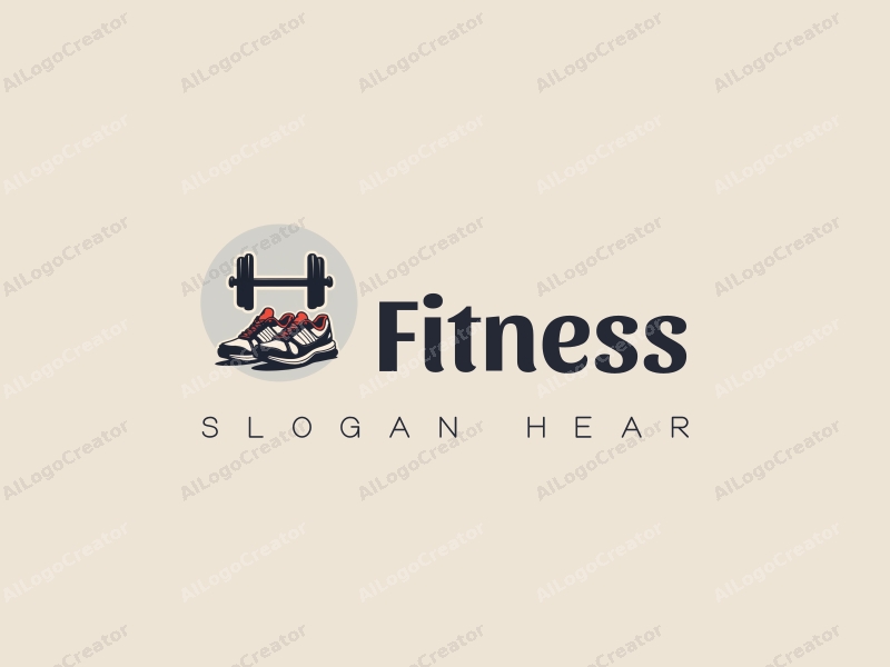 modern design features a stylized dumbbell and running shoes, combined with a clean background and a minimalist approach.