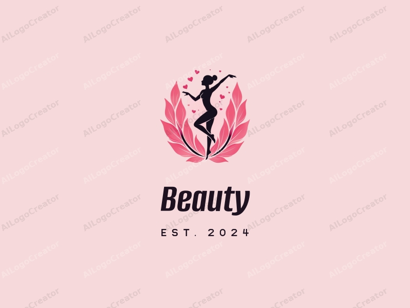 a modern design featuring a graceful dancer surrounded by pink petals, embodying beauty and makeup, with a clean and simple background.