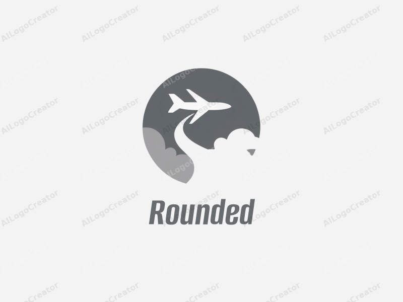 minimalist design features circular shapes and curves, a stylized airplane flying through clouds, combined with a clean background in white and light gray.