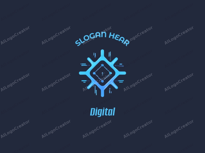 a modern minimalist design featuring digital elements like a stylized chip and network connections, combined with a clean background in blue and black colors.