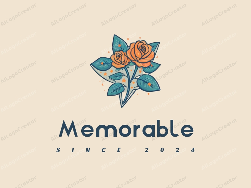 playful design features a combination of stars and roses, representing memories and iconic symbols, with a vibrant blue and orange color palette, set against a clean background.