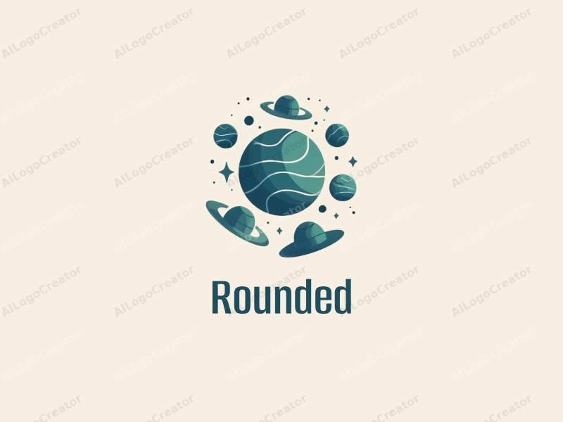 geometric design features circular shapes and curves, incorporating planets and hats, combined with a clean background in blue and green colors.