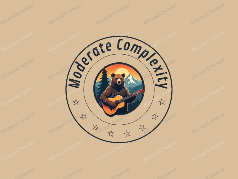 a modern design featuring a stylized bear and mountains, an old bear playing a guitar, with a complex composition and a clean background.