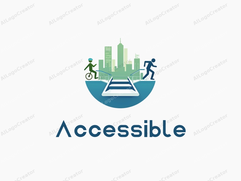 modern design features accessibility elements like ramps and handrails, combined with a blue and green color palette, emphasizing inclusivity and urban planning, set against a clean background.