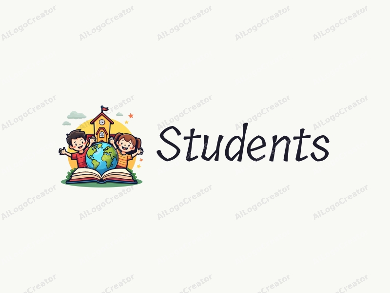 playful design features cheerful students, a stylized school building, open books, and a globe, combined with a vibrant and colorful background.