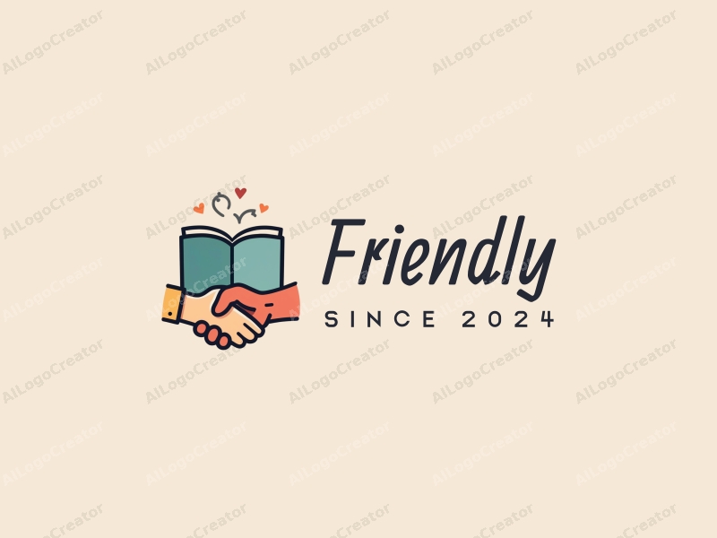 playful design features a stylized book and a handshake, combined with a clean background, emphasizing friendship and community in an educational and social context.