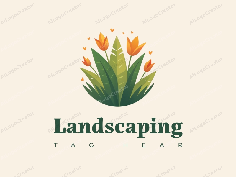 modern design features a stylized lawn and garden with abstract leaves and flowers, combined with a clean background.