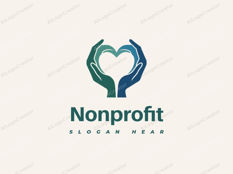 modern design features a heart shape formed by hands, symbolizing charity and volunteerism, combined with a clean background in blue and green tones.