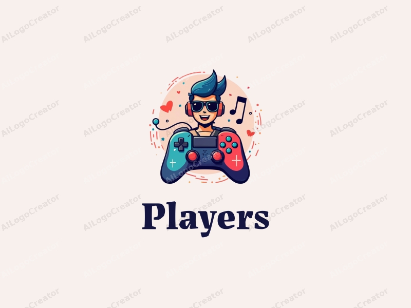 playful design features a vibrant color scheme, a stylized player and game character, integrated music symbols, and a game controller, combined with a clean and harmonious background.