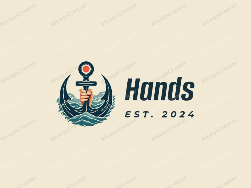 a modern design featuring a stylized hand gripping an object, combined with ocean waves and Viking motifs, set against a clean background.