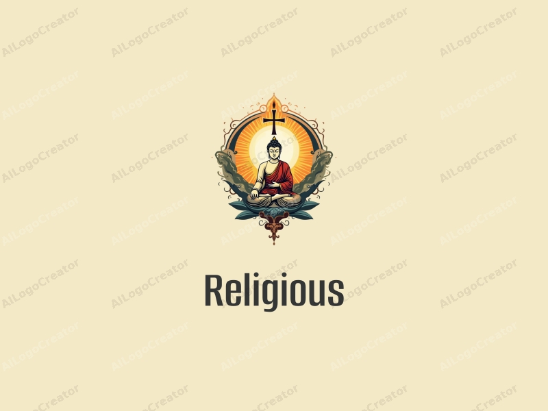 traditional design features a stylized cross and a Buddha statue, surrounded by holy light, embodying harmony, combined with a clean background.