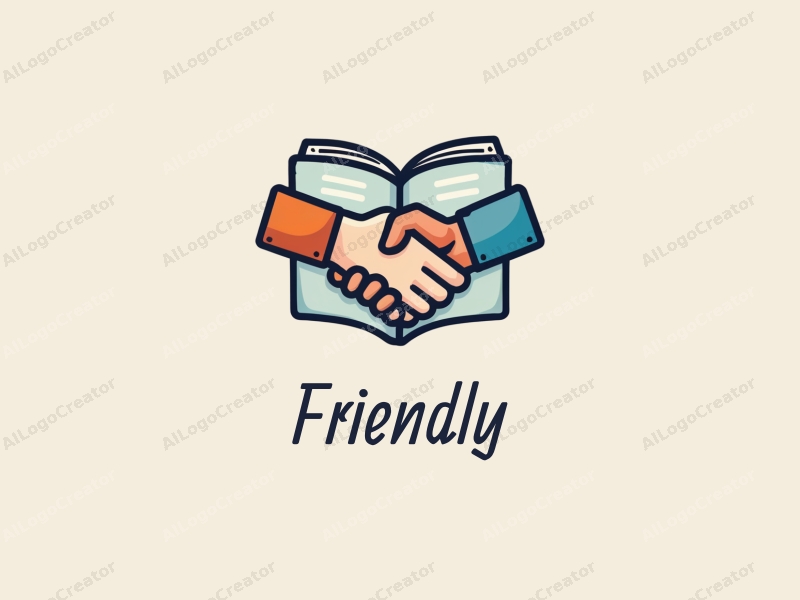 playful design features a stylized book and a handshake, combined with a clean background, emphasizing friendship and community in an educational and social context.