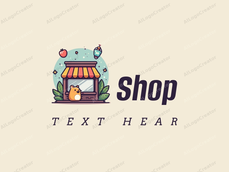 a modern design featuring a vibrant shop front, a playful hamster character, and gaming elements, combined with a clean and simple background.