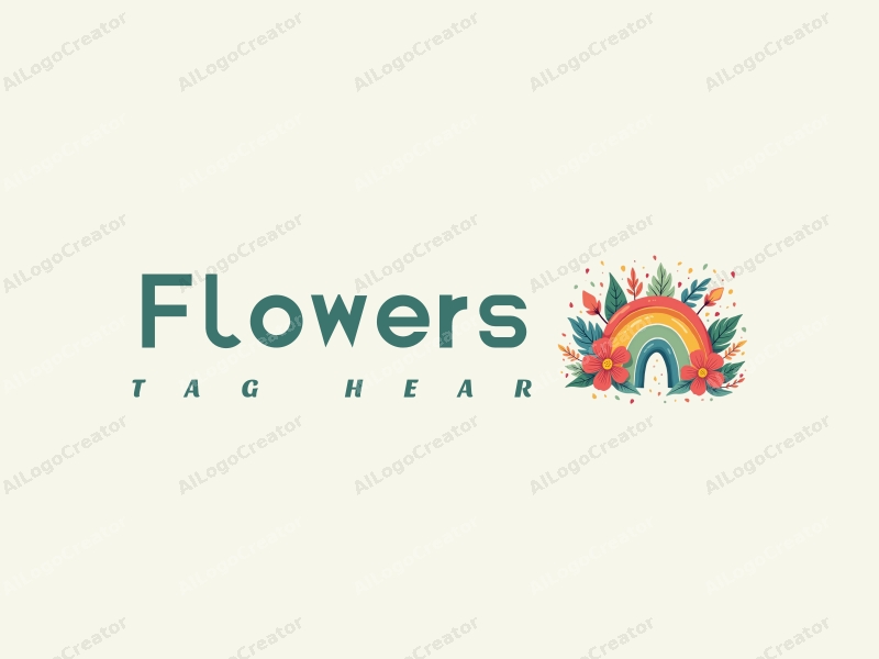 playful design features vibrant flowers and petals, a whimsical rainbow, and lush leaves combined with a clean background.