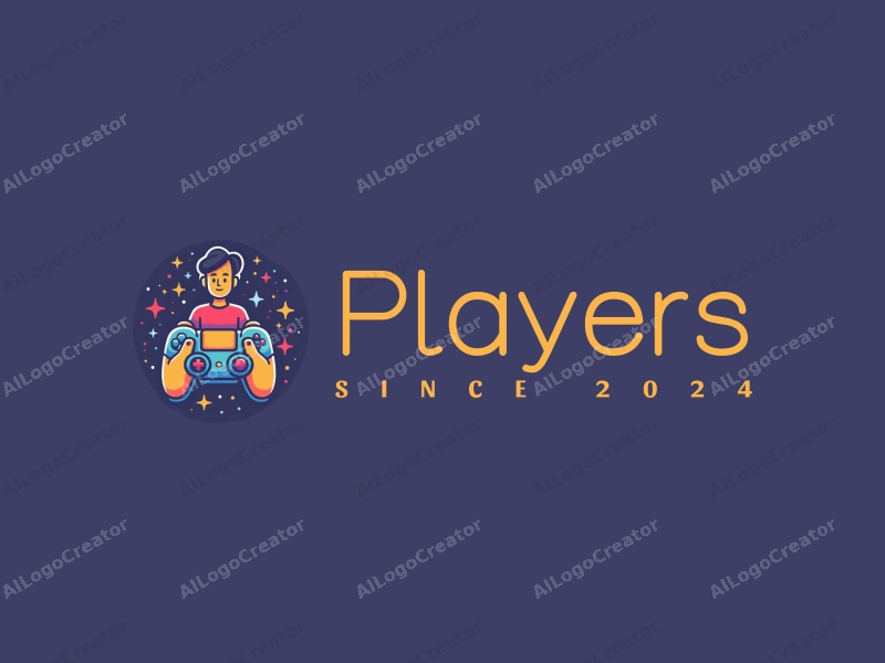 playful design features a vibrant color scheme, a stylized player interacting with a game character, and a controller, combined with a clean and simple background.