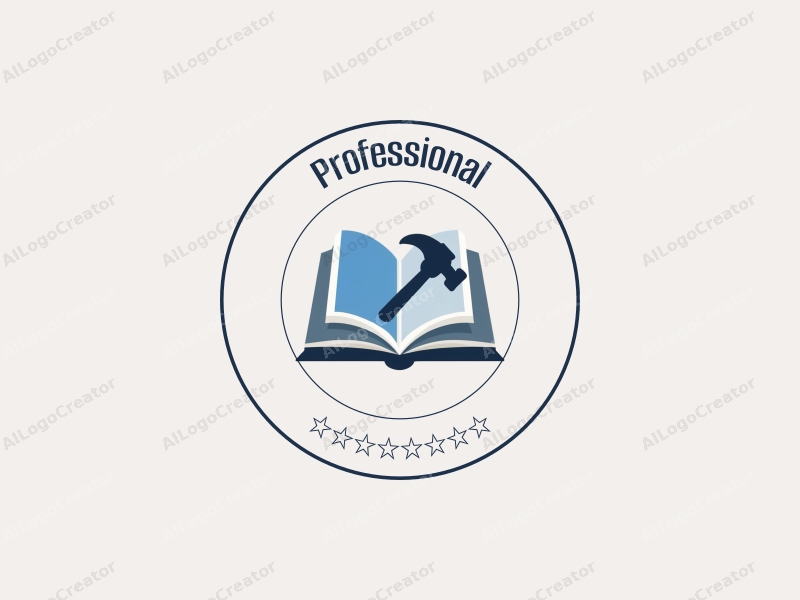 modern design features a stylized book and hammer, symbolizing education and professionalism, combined with a clean background in blue and gray tones.