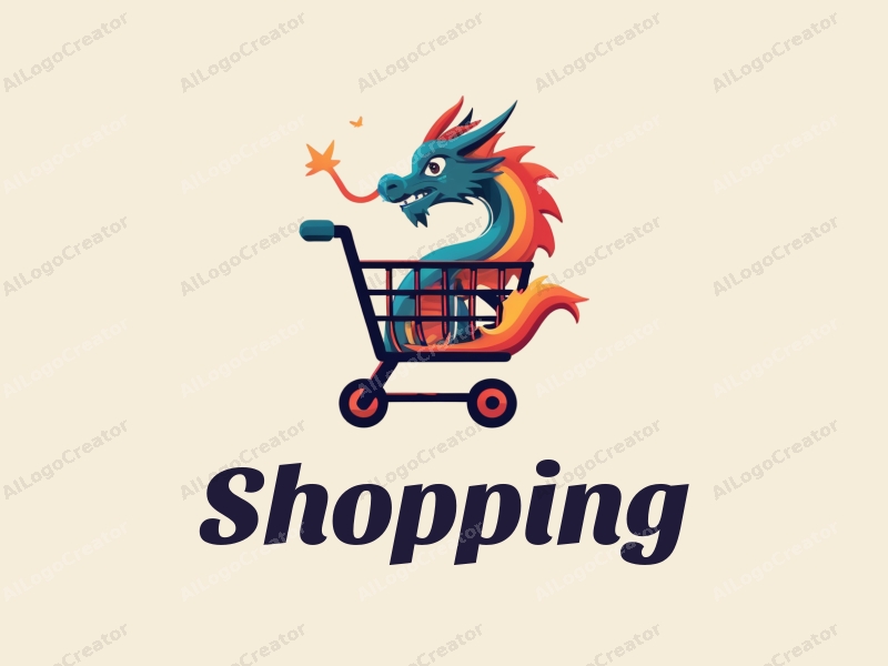 a modern design featuring a colorful shopping cart intertwined with a stylized dragon, set against a clean background representing a mall environment.