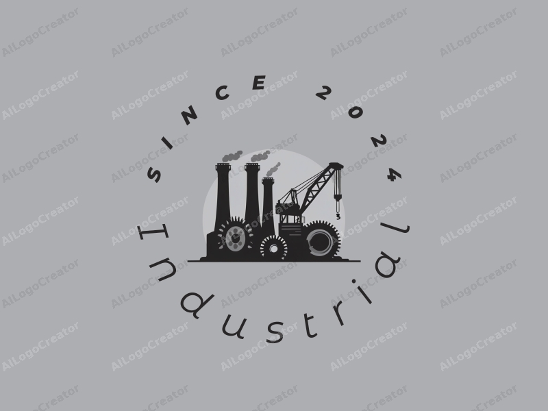 modern design features a stylized factory silhouette, interlocking gears, and a crane, combined with a clean background.