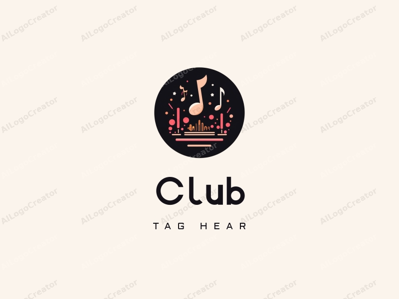 a modern design featuring a stylized club scene with abstract representations of music notes and a stage, combined with a clean black background.