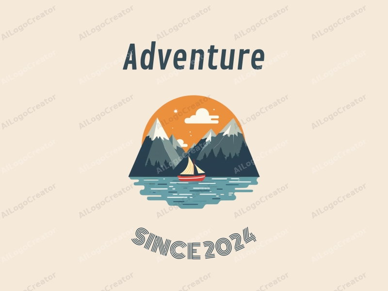 playful design features stylized mountains and sailing elements, combined with adventure and exploration themes, set against a clean background.