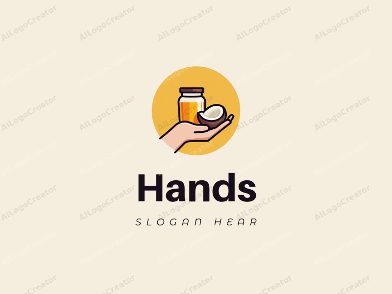 a modern design featuring a hand gently holding a honey jar and a coconut, with a clean background and harmonious composition.