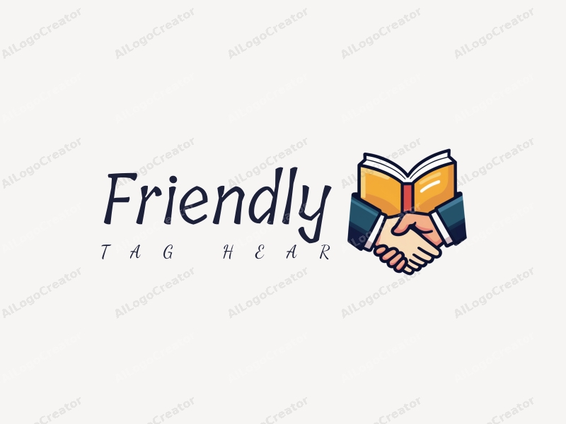 playful design features a stylized book and a handshake, combined with a clean background, emphasizing friendship and community in an educational and social context.