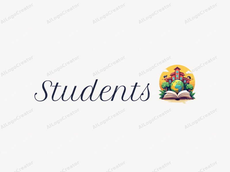 playful design features cheerful students, a stylized school building, open books, and a globe, combined with a vibrant and colorful background.