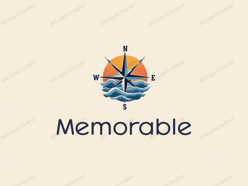 playful design features a stylized compass intertwined with ocean waves, incorporating elements of memories and iconic symbols, combined with a clean background in blue and orange tones.