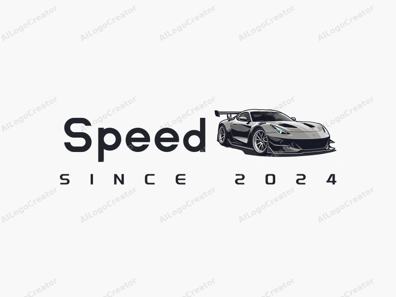 a modern design featuring a stylized sports car silhouette, dynamic lines representing speed and power, and an engine motif, combined with a clean background.