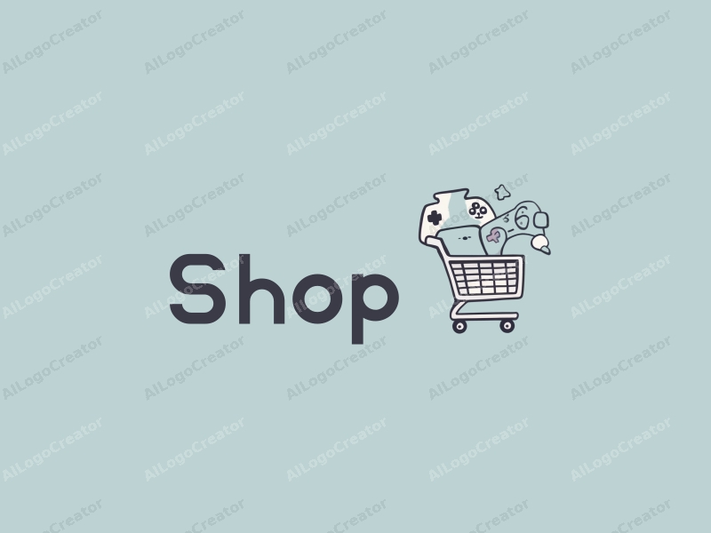 modern design features a stylized shop silhouette, a shopping cart, and a game controller, combined with a clean background.