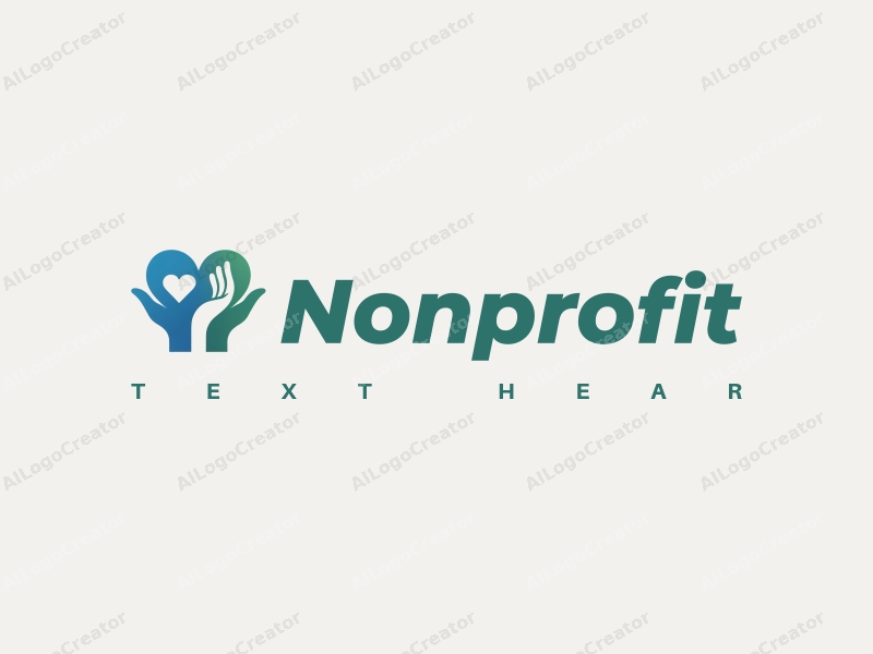 modern design features a heart shape integrated with a hand palm, symbolizing charity and volunteer work, using blue and green colors combined with a clean background.