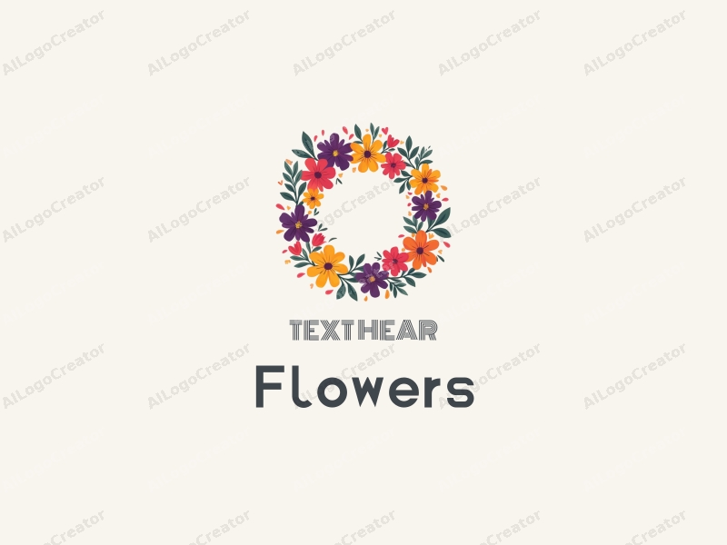 playful design features vibrant flowers and petals arranged in a colorful floral wreath, combined with a clean background.